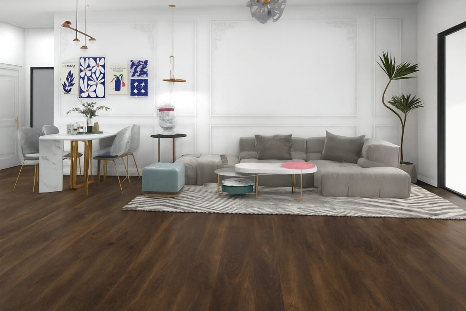 A living room with a dark hardwood floor installed