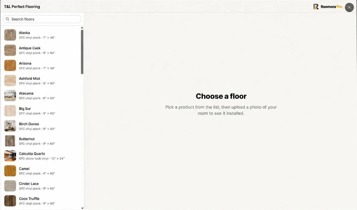 The Roomora Pro visualizer on a store's website, showing the floor catalog beside the room preview area